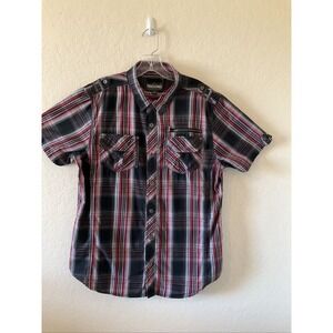 Rebel & Soul Juniors Casual Button-Down Shirt-XL Short Sleeve.Red/Black/Gray.